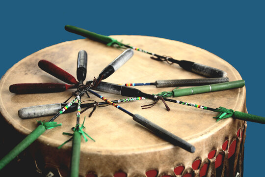 Native American beaters on Pow-Wow drum	