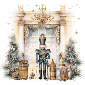 An enchanting watercolor Christmas Nutcracker Clipart showcasing the Nutcracker prince in the midst of a joyous Christmas party, elegant ballroom setting with grand chandeliers, Generative Ai