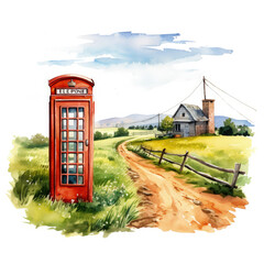 Watercolor Phone Booth Illustration, A quaint and charming red phone booth standing alone in a lush English countryside, surrounded by rolling hills and blooming wildflowers, Generative Ai
