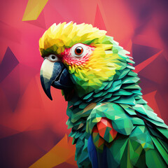 Colorful parrot with green feathers in low poly with red background