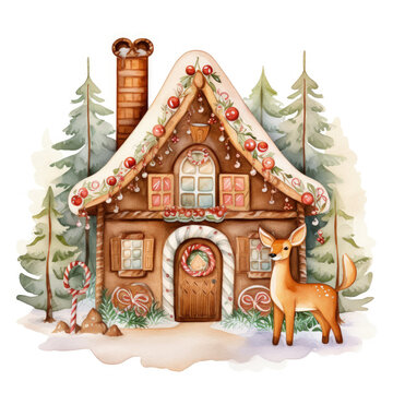 Whimsical watercolor Gingerbread Clipart showcasing a delightful gingerbread village, bustling with tiny gingerbread people, each engaged in their activities, set amidst a lush, Generative Ai