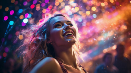 Nightlife Energy: Close-Up of Joyful Dancing Amidst Vibrant Disco Lights