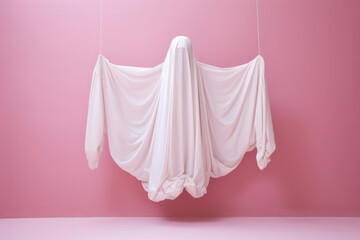White ghost sheet costume isolated on pink background. Minimal Halloween scary concept with hanging spirit silhouette. Wallpaper with copy space.