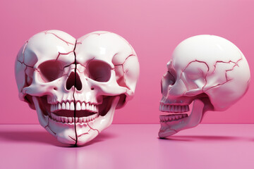 Two skulls lying side by side, forming a heart shape, isolated on a pink background. Wallpaper with free space for text. Halloween for lovers. Celebrating until death do us part. St. Valentine's Day. 