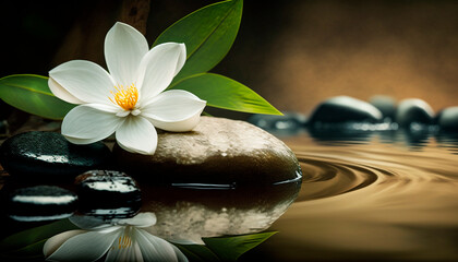 zen stones on a background of water and bamboo and lotus flowers. Generative AI, - obrazy, fototapety, plakaty