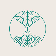 Tree logo. Green nature element isolated on light fund. Decorative lines organic icon for beauty, spa, eco, natural food, environmental brand. Plant sign. Fresh geometric shape. Circular emblem.