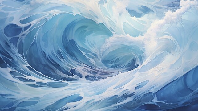  a painting of a blue ocean wave with white clouds in the background.  generative ai