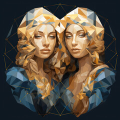 Fototapeta na wymiar Zodiac sign Gemini as astrological horoscope symbol in low poly 3d with two blonde women