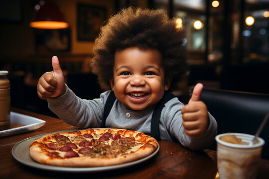 Positive Emotions And Reviews After Visiting Pizzeria Restaurant. Afro-american Smiling Baby Toddler Shows Thumbs Up Sitting At Table With Tasty Crunchy Fresh Pizza. Positive Sign Of Agreement Like