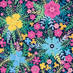 Fototapeta na wymiar Fairy meadow with flowers seamless pattern. Cute feminine design