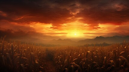 a sunset over a corn field with mountains in the background. generative ai