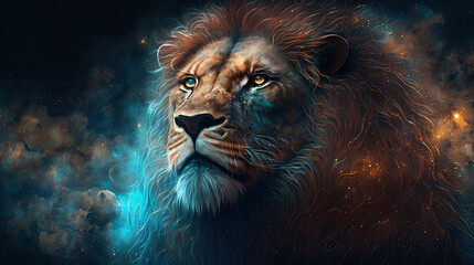 a lion zodiac sign on space background. Generative AI,