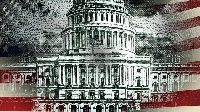 The US Capitol, portraits of Franklin and Washington with luminous eyes, a rotating pyramid with an eye on top, the US waving flag, a jet of flame. Conspiracy theory. 4k slow motion video collage.