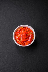 Delicious fresh saute sweet bell pepper slices with onion, salt, spices and herbs