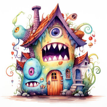 Watercolor monster house Illustration, Generative Ai