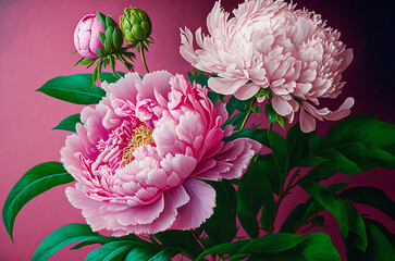 Peony flowers on a pink background. Generative AI,