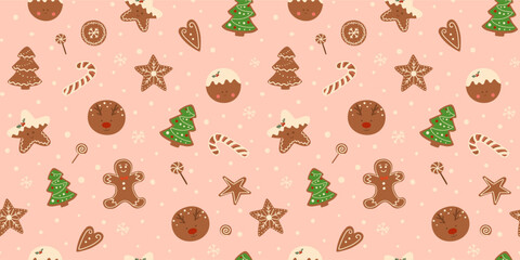 Christmas cookies seamless pattern on pink background. Vector Christmas dessert repeat print, hand drawn tasty gingerbread illustration. Sweet design for wallpaper, textile, backdrop, wrapping paper. - obrazy, fototapety, plakaty