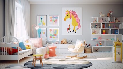 a children's room designed in Scandinavian style, featuring a white bed and a charming rocking horse. The bright colors add a playful touch to the minimalist decor.