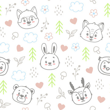 Seamless pattern with cute cartoon animals face , hand drawn forest background with clouds, flowers, paws and dots. Vector