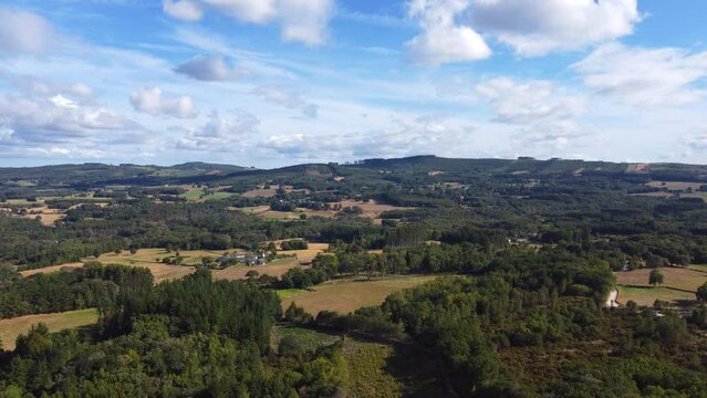 Ancient Cultural Heritage Santalla de Boveda in Galicia, Lugo, Spain. 4k DJI Mini 2. - Agroforestry Landscape Panorama slowly forward