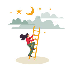 Sky is the limit. A girl, woman on a ladder. Vector illustration. Separated items on a white background. Empowerment and girl power.