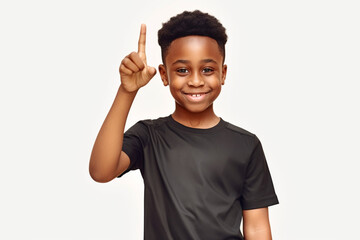 Confident AfroAmerican Boy Pointing finger Up with Raised Forefinger