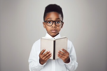 Stylish AfroAmerican Boy with Notebook White Shirt Black Tie and Eyeglasses