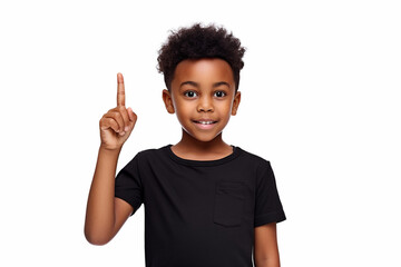 Confident AfroAmerican Boy Pointing finger Up with Raised Forefinger