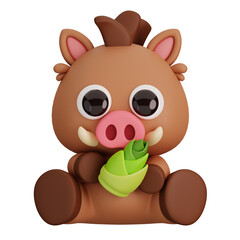 Cute Wild Boar Holding Bamboo Shoot Isolated. Animals and Food Icon Cartoon Style Concept. 3D Render Illustration