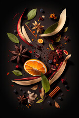 tea leaves dried berries and dried fruits, orange peel, cinnamon, star anise. Generative AI, - obrazy, fototapety, plakaty