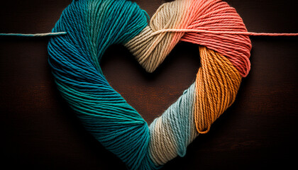 yarn for knitting multi-colored threads in the shape of hearts a lot. Generative AI, - obrazy, fototapety, plakaty