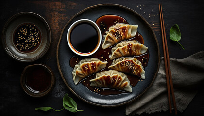 Delicious gyoza dumplings with soy sauce and chili oil on dark plates real photo dark background. Generative AI, - obrazy, fototapety, plakaty