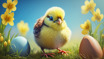 Chicken and eggs beautiful Easter background. Generative AI,