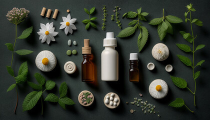 Herb oil bottles homeopathy herbs. Generative AI, - obrazy, fototapety, plakaty