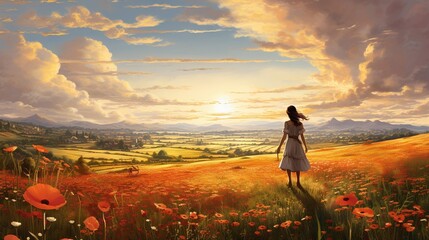 Fototapeta premium a painting of a woman standing in a field of flowers. generative ai