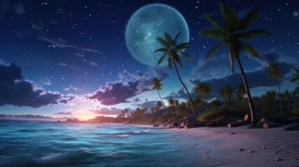 a stunning tropical beach illuminated by the full moon, while the Milky Way sprawls across the night sky. The scene combines the serenity of the beach with the awe of the cosmos.