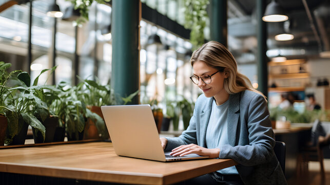 Businesswoman working intently on her laptop in a modern co-working space.