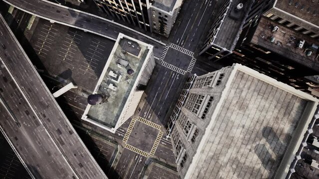 Aerial city view with crossroads and buildings