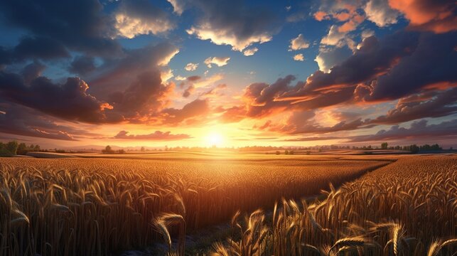  the sun is setting over a field of wheat in a rural area.  generative ai