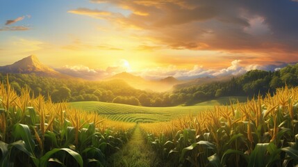  a painting of a corn field with a sunset in the background.  generative ai