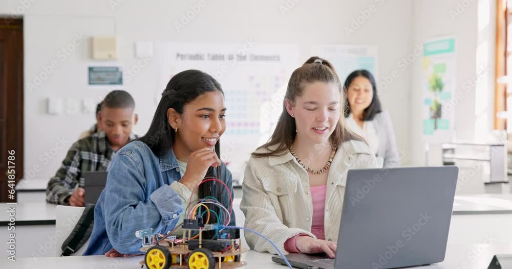 Aufkleber Robotics, education and children with laptop at school learning coding, robot or car toy. Girl students in classroom for technology, electronics or science for development, innovation or teamwork