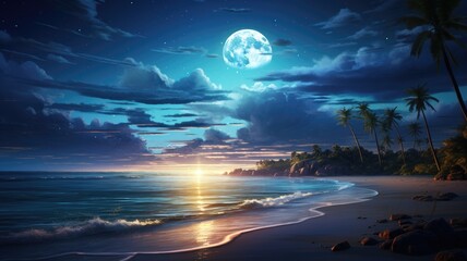 a stunning tropical beach illuminated by the full moon, while the Milky Way sprawls across the...