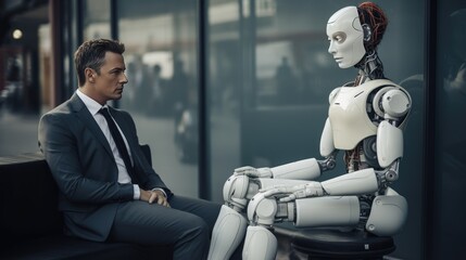 tense scene in the waiting room: a human candidate in a suit and an AI robot in business attire are nervously waiting for an interview