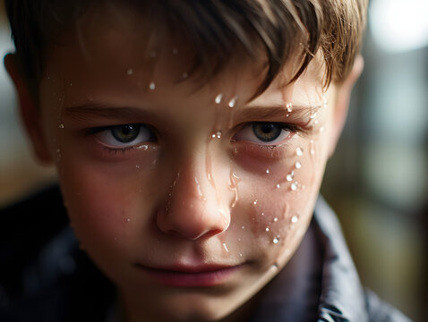 Close up of a tear rolling down a boys face