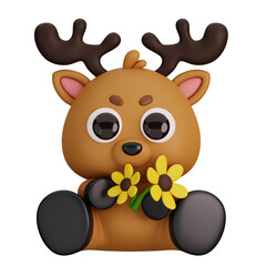 Cute Deer Holding Flowers Isolated. Animals and Food Icon Cartoon Style Concept. 3D Render Illustration