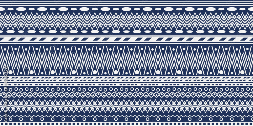 Poster Seamless borders with geometric shapes. Can be used as a final pattern. Flat, blue, vector. Inspired by ethnic patterns.