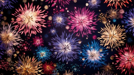 Fototapeta premium a bunch of colorful fireworks on a black background with stars. generative ai
