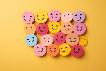 Fototapeta na wymiar Many smile faces made from paper, protects positive emotion, motivation, keeping a good mood, mental health, optimism, positive thinking, good environment, amazing start of morning concept on yellow