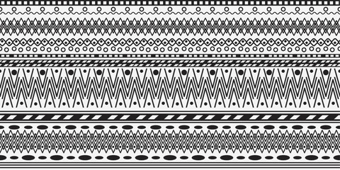 Seamless borders with geometric shapes. Can be used as a final pattern. Flat, monochrome, vector. Inspired by ethnic patterns.