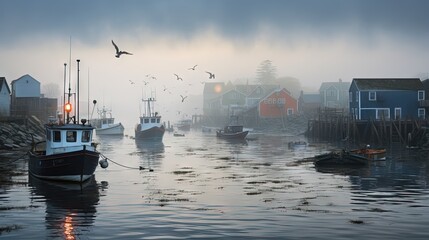  a foggy harbor filled with boats and birds flying over the water.  generative ai - obrazy, fototapety, plakaty